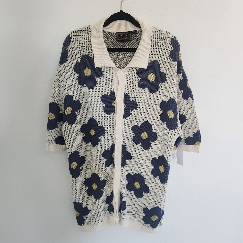 Massive Luxury Edition Cream Blue Floral Knit Button Up Shirt Men's Size XL NWT